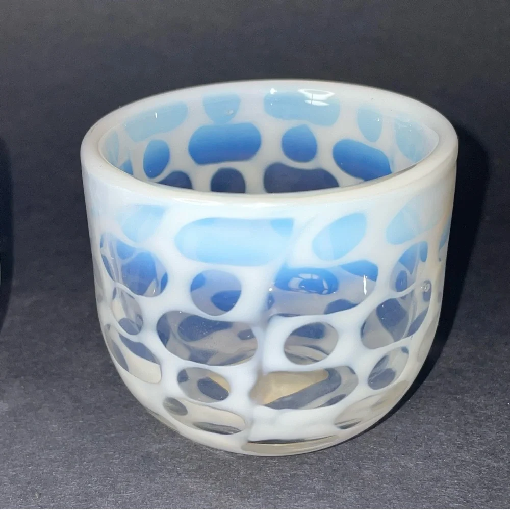 Pair of Crate & Barrel Art Glass Moonstone Lacy Votive Candle Holders 2 1/4